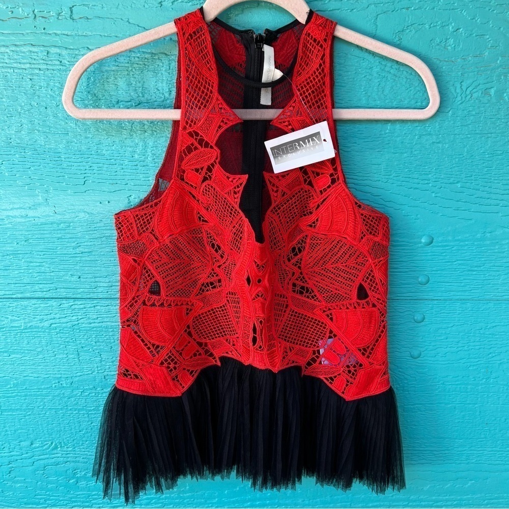 INTERMIX JONATHON SIMKHAI BLACK RED LACE TULLE PEPLUM FITTED PARTY TOP SZ 2 NWT